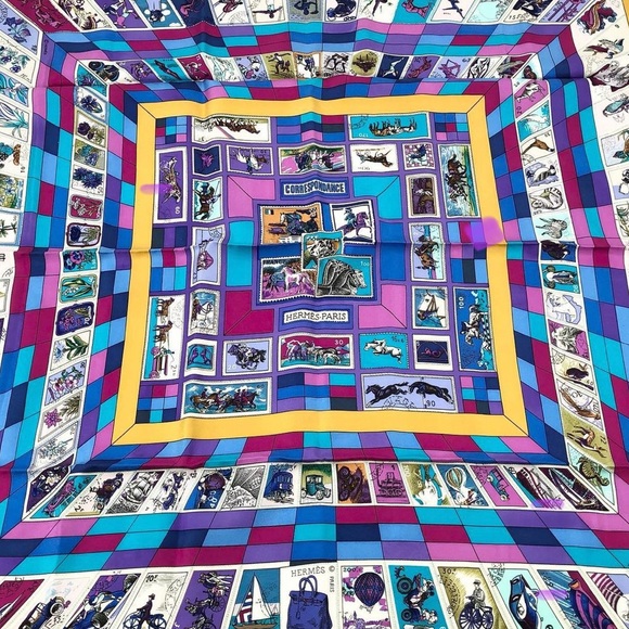 HERMES Rare Beautiful Silk Scarf Stamps Carre 90 CORRESPONDANCE PARIS HOST PICK - Picture 1 of 4